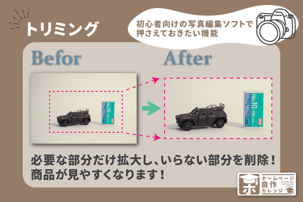 写真編集ソフトで必要な部分を残し余計なモノを削除したビフォーアフター。