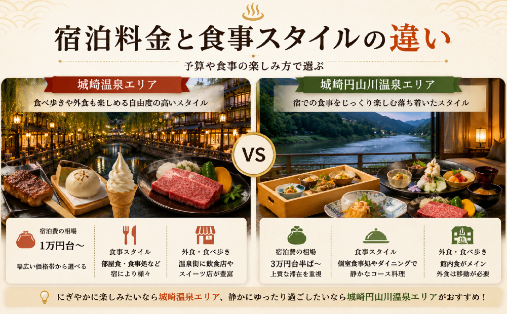 城崎円山川温泉と城崎温泉の食事や料金の違い