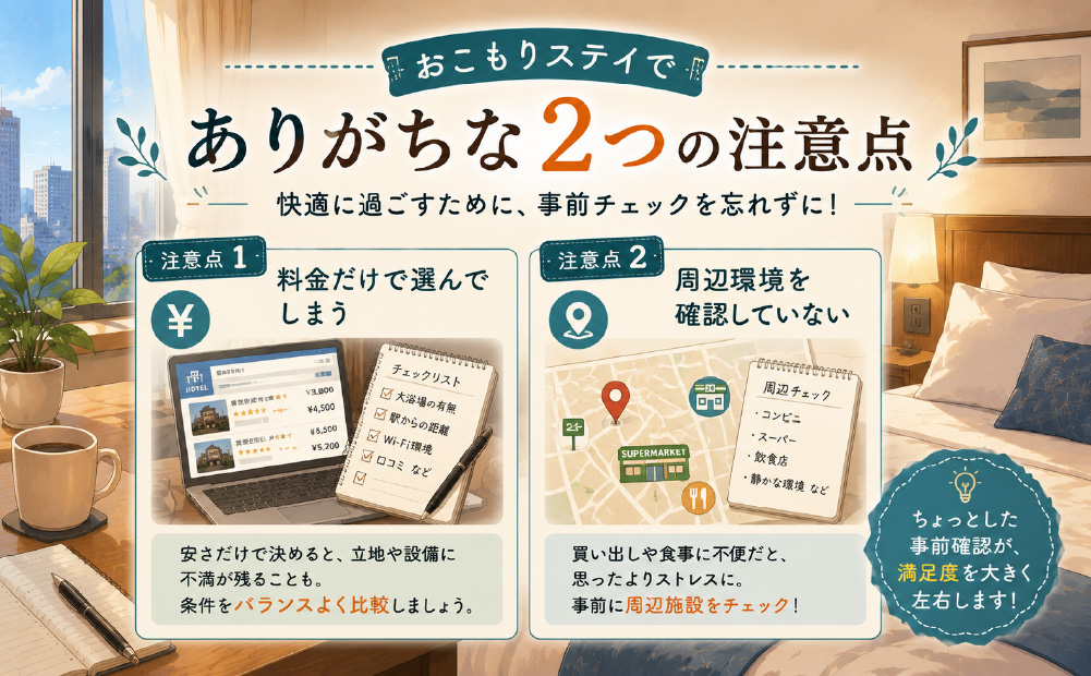 関西で一人でも安いおこもりステイ2つの注意点