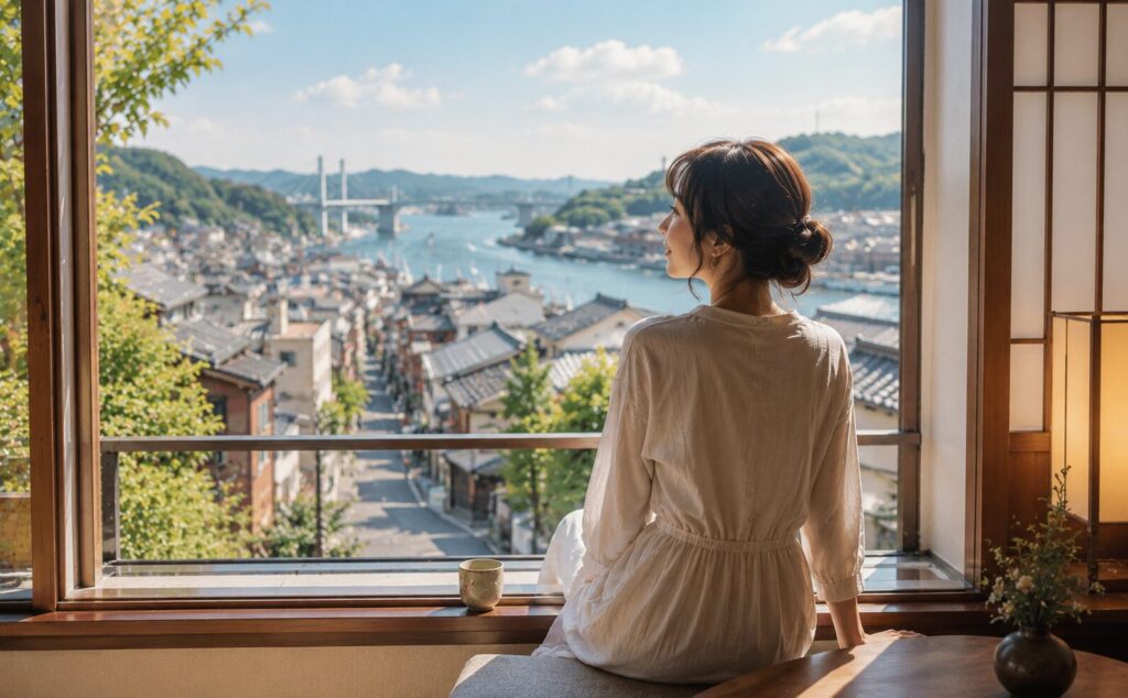 旅行先の旅館の窓辺で景色を楽しむ女性