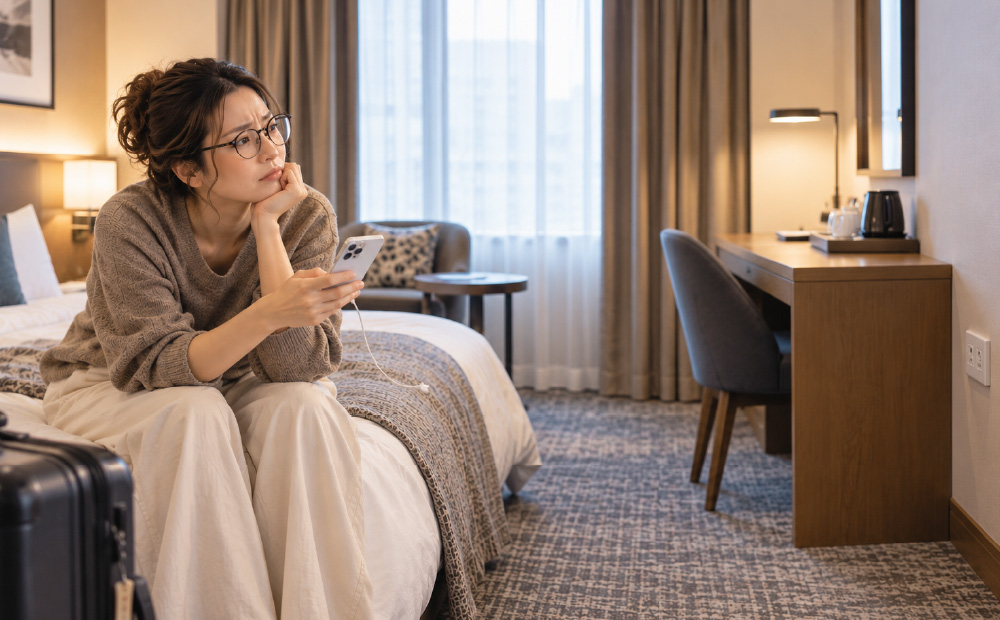 旅行には延長コードが必要_ベッドからコンセントまでが遠く悩む女性