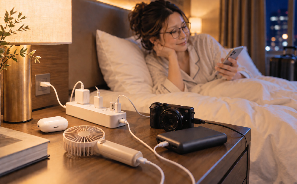 旅行には延長コードが必要_充電器が一つにまとまりベッドスマホを充電しながらでくつろぐ女性