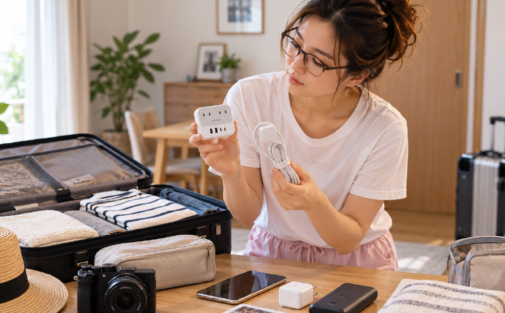 旅行には延長コードが必要_旅行の準備をする女性