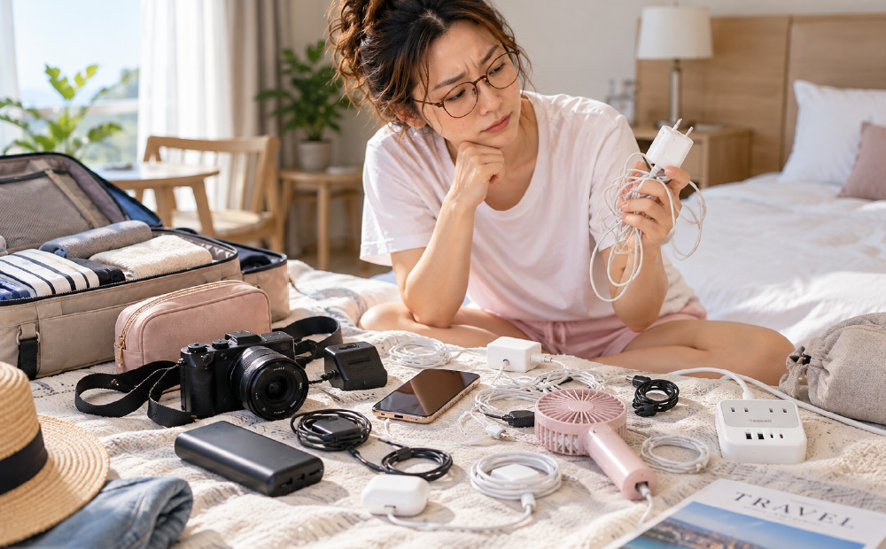 旅行には延長コードが必要_旅行の準備中 充電器がかさばり困る女性