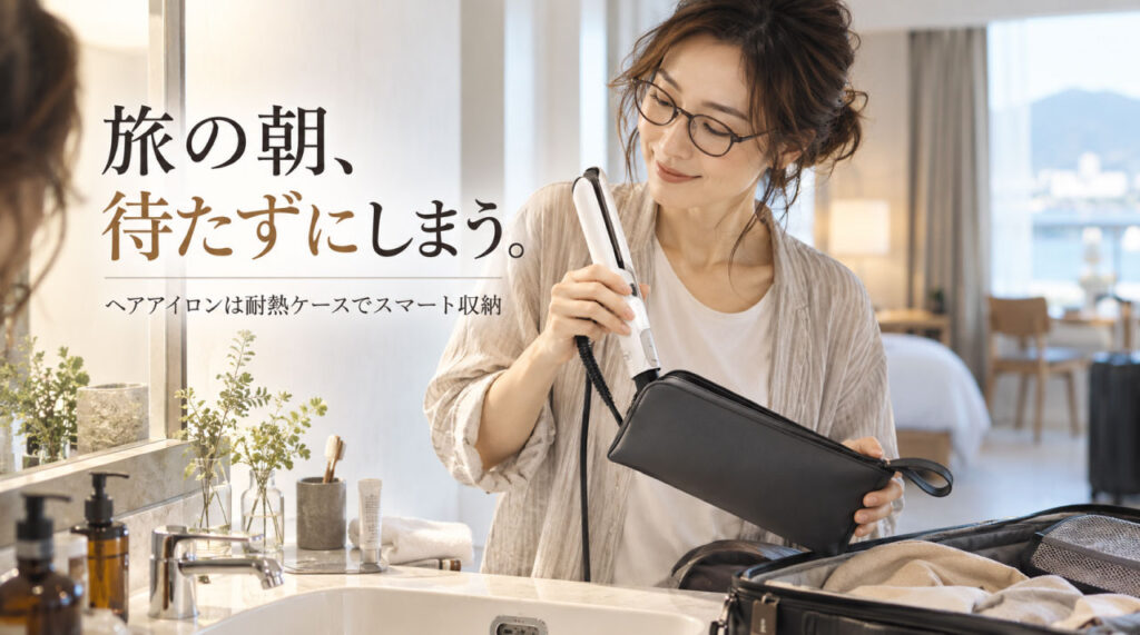 旅行のヘアアイロンは耐熱ケースで即収納！