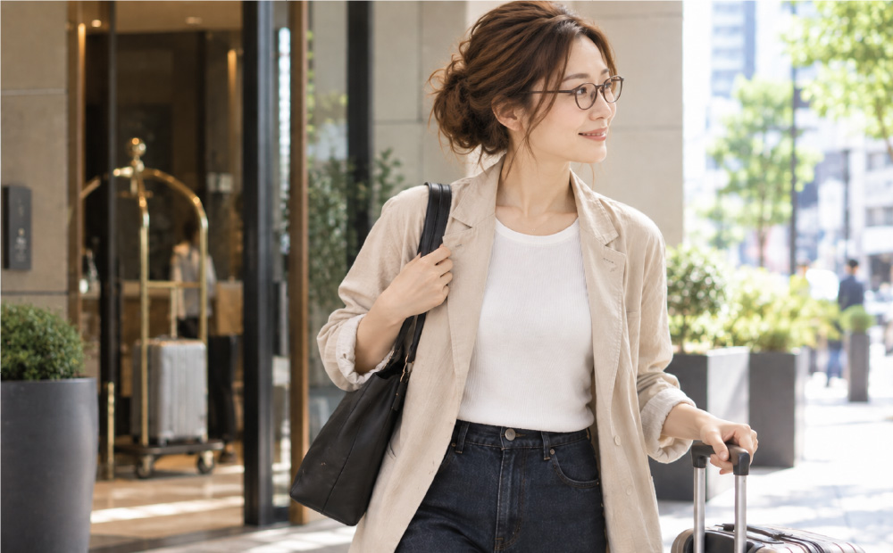 旅行のヘアアイロンは耐熱ケースで即収納！_ホテルをゆったりとチェックアウトする女性