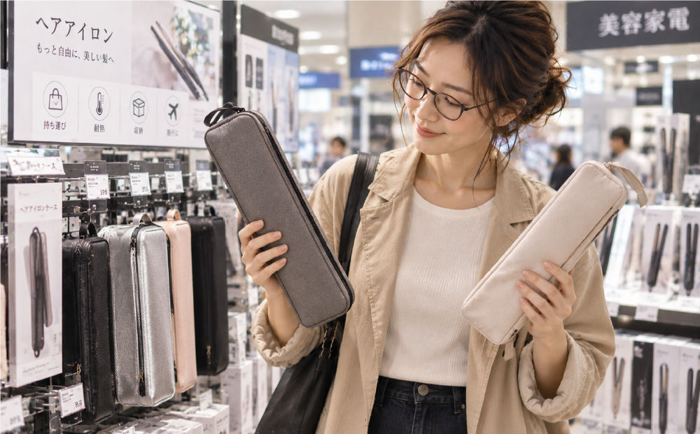 旅行のヘアアイロンは耐熱ケースで即収納！_家電量販店で耐熱アイロンケースを選ぶ女性