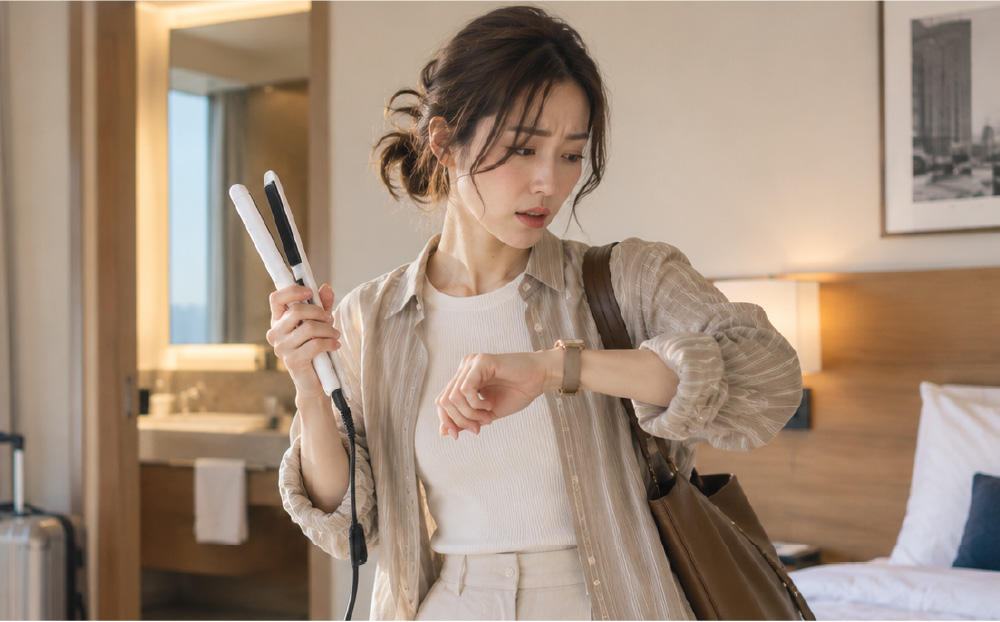 旅行先のホテルでチェックアウトの時間が迫る中、アイロンが熱いままでカバンの中に入れるのをためらい焦る女性
