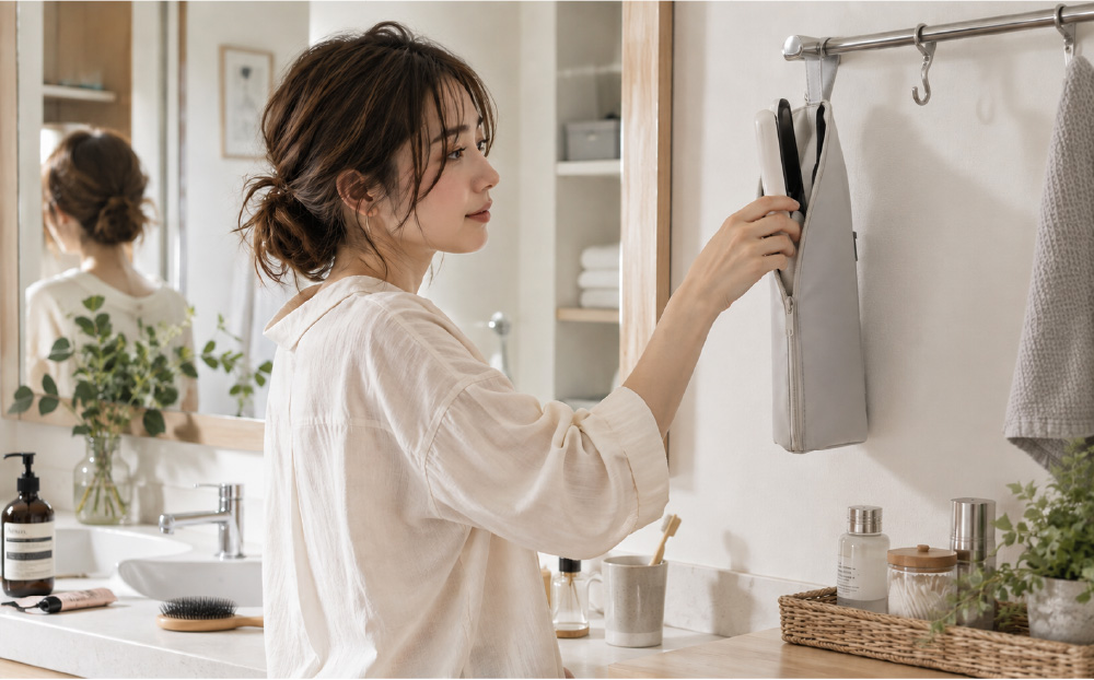 旅行だけじゃなく自宅の洗面所でも熱いままのアイロンをポーチに収納する女性