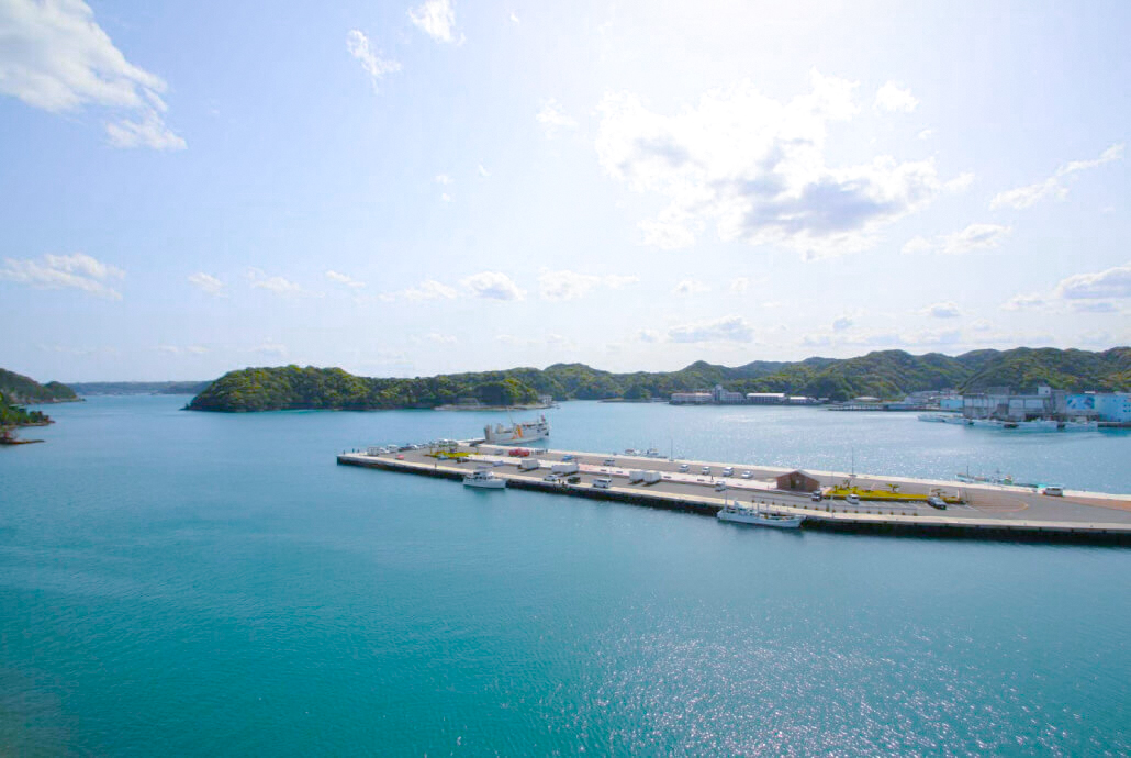 なぎさ館から望む青い勝浦湾と船が停泊する岸壁