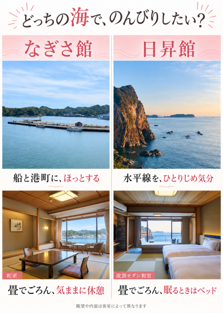 なぎさ館と日昇館、海景と和室